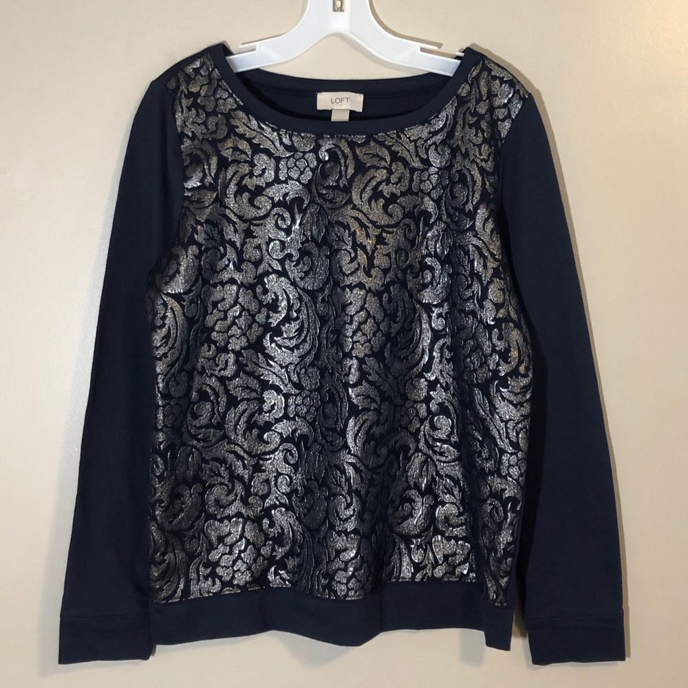 Loft Navy Patterned Crewneck